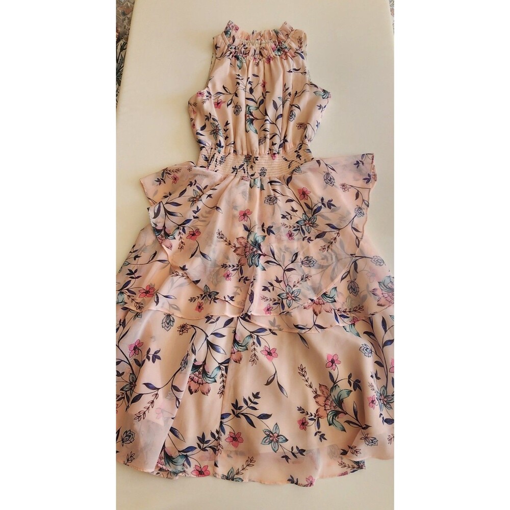 Elisa J Size 4 Pink Floral Fit & Flare Sleeveless Ruffle Knee Dress